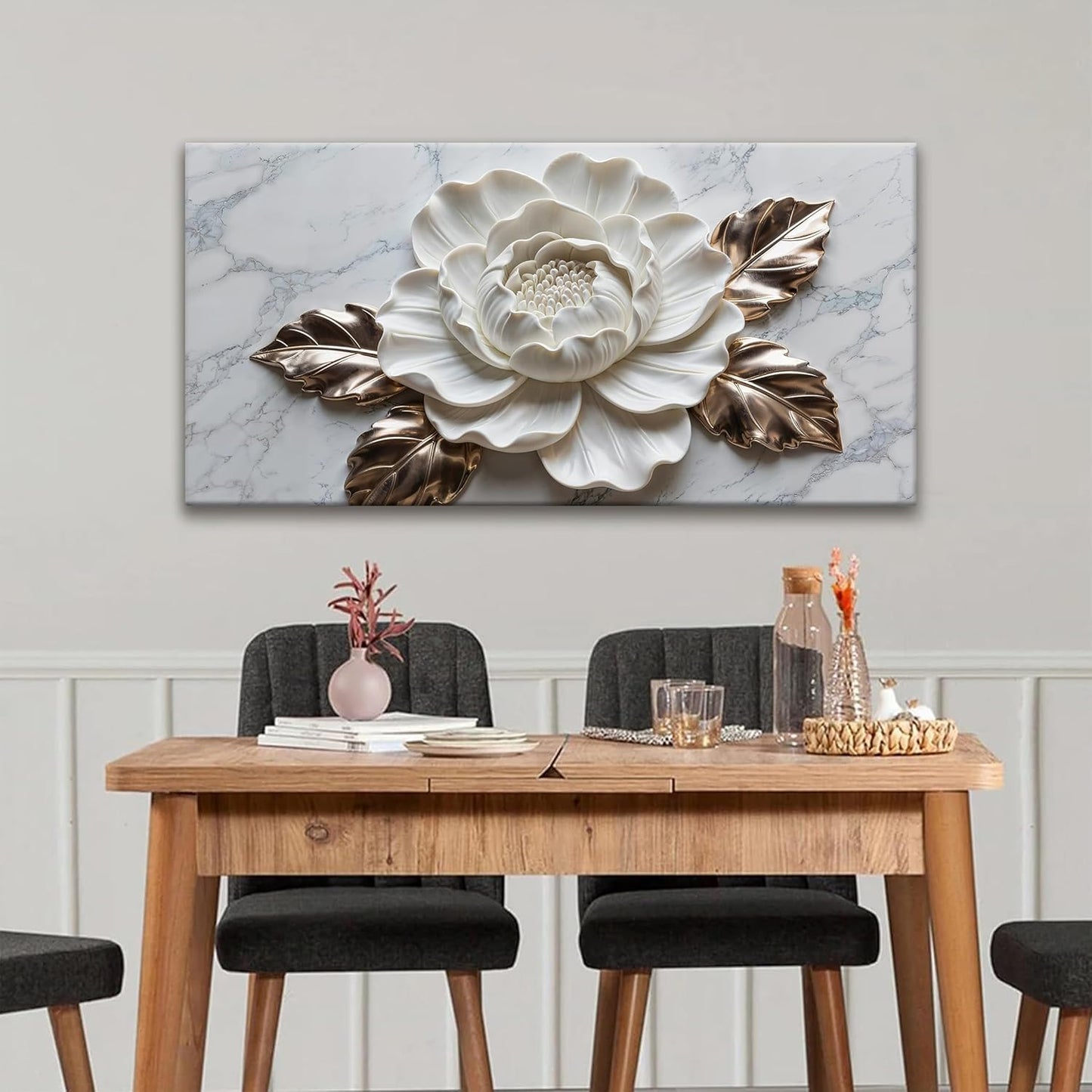 Suconvng Canvas Art Wall Decor Print Paintings Marble Texture White Flower Wall Art Prints Pictures Ready To Hang Pictures For Bedroom Bathroom Office Kitchen Home Wall Decor Artwork 20" × 40"