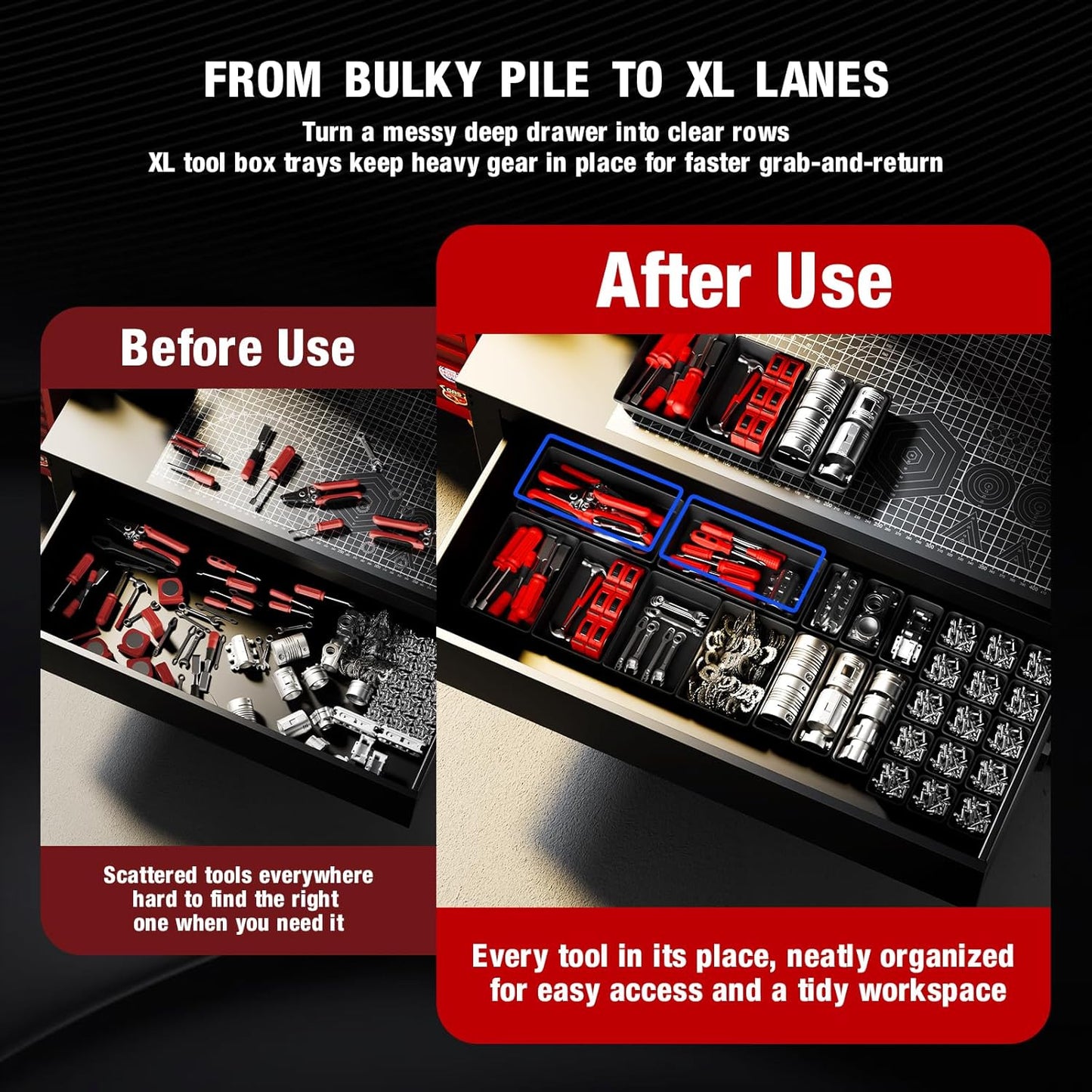 【6 PCS Extra-Large】 Tool Box Drawer Organizer Trays with Non-slip Pads, Heavy-Duty Tool Chest Drawer Organizer for Rolling Tool Chest and Garage Drawers, Truck Toolbox organizer and Workbench Storage