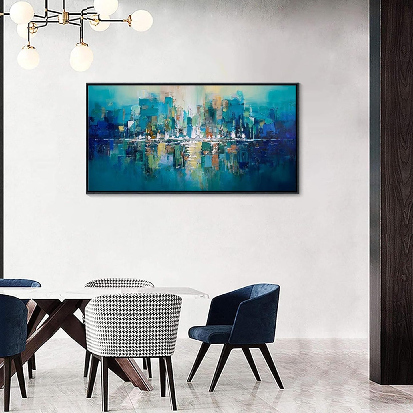 Large Wall Art for Living Room - Abstract Wall Decor Framed Picture Artwork for Wall Decorative Paintings Teal and White Modern Office Bedroom Art