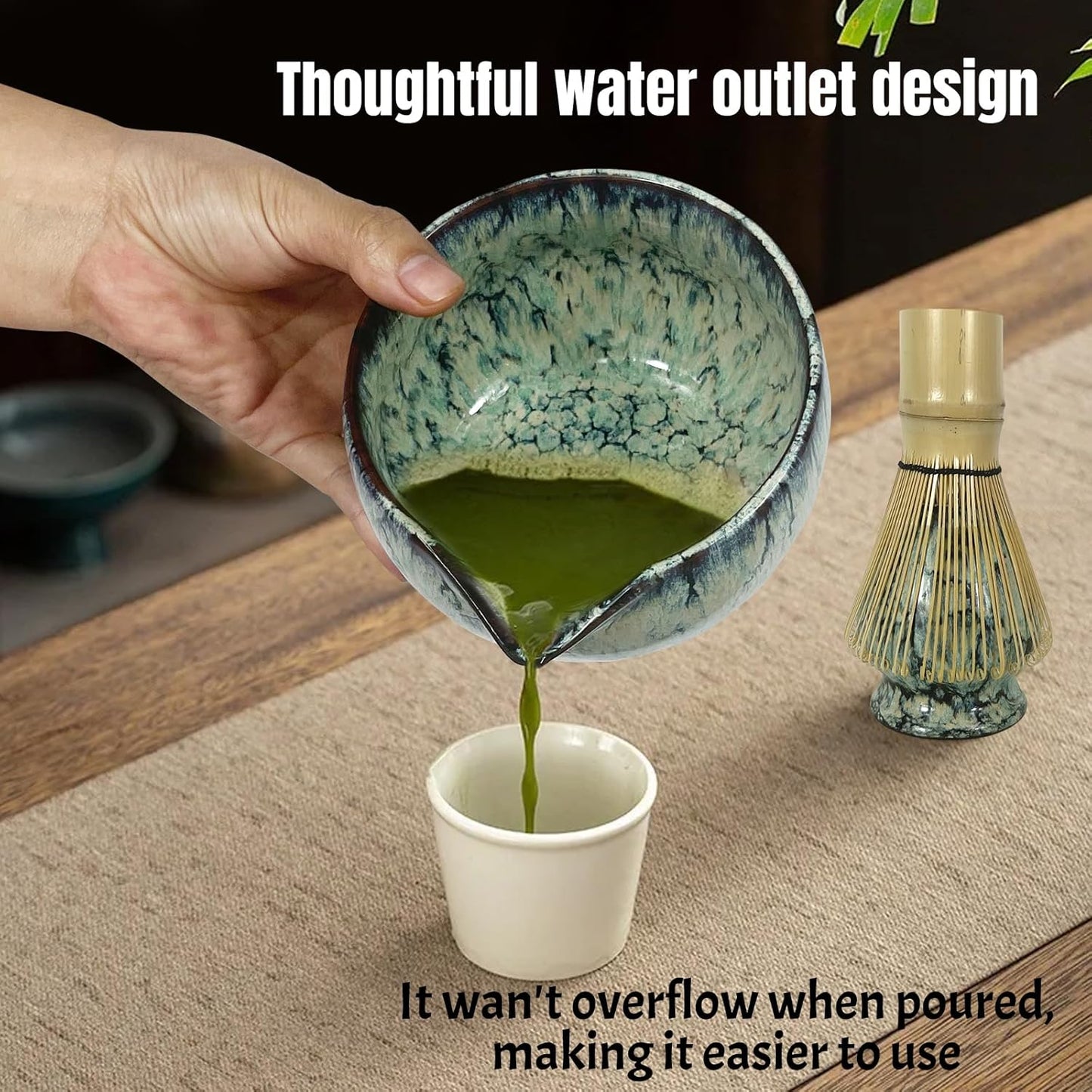 Matcha Whisk Set 6 pc Kit - Traditional Japanese Chasen, Bamboo Whisk Holder, Ceramic Bowl with Spout, Sifter & 2 pc Spoons - matcha kit set, Gift for Matcha Tea Lovers(Quenching Blue)