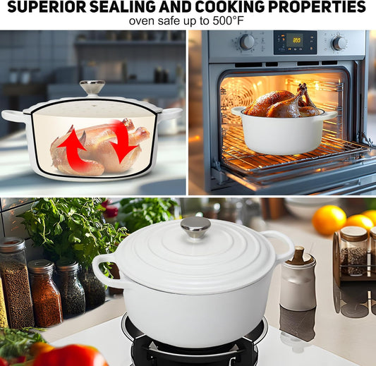 5QT Enameled Cast Iron Bread Oven with Proofing Basket for Bread Baking, Bread Making Supplies Tools,Heavy-Duty Cookware for Braising, Stews, Roasting, Bread Baking (White)