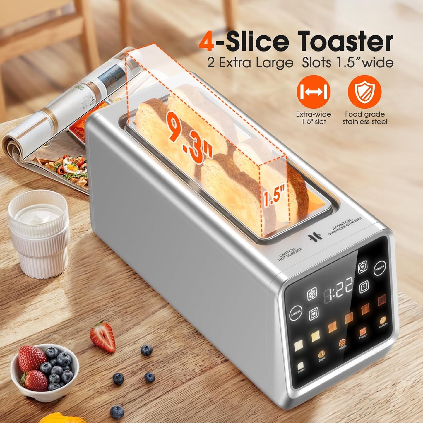 4-Slice Smart Toaster with Digital Touchscreen & 1-Touch Memory for Family | Stainless Steel, Extra-Wide Long Slots for Bagels & Artisan Bread | All-in-One Defrost, Reheat & Single-Slice Modes