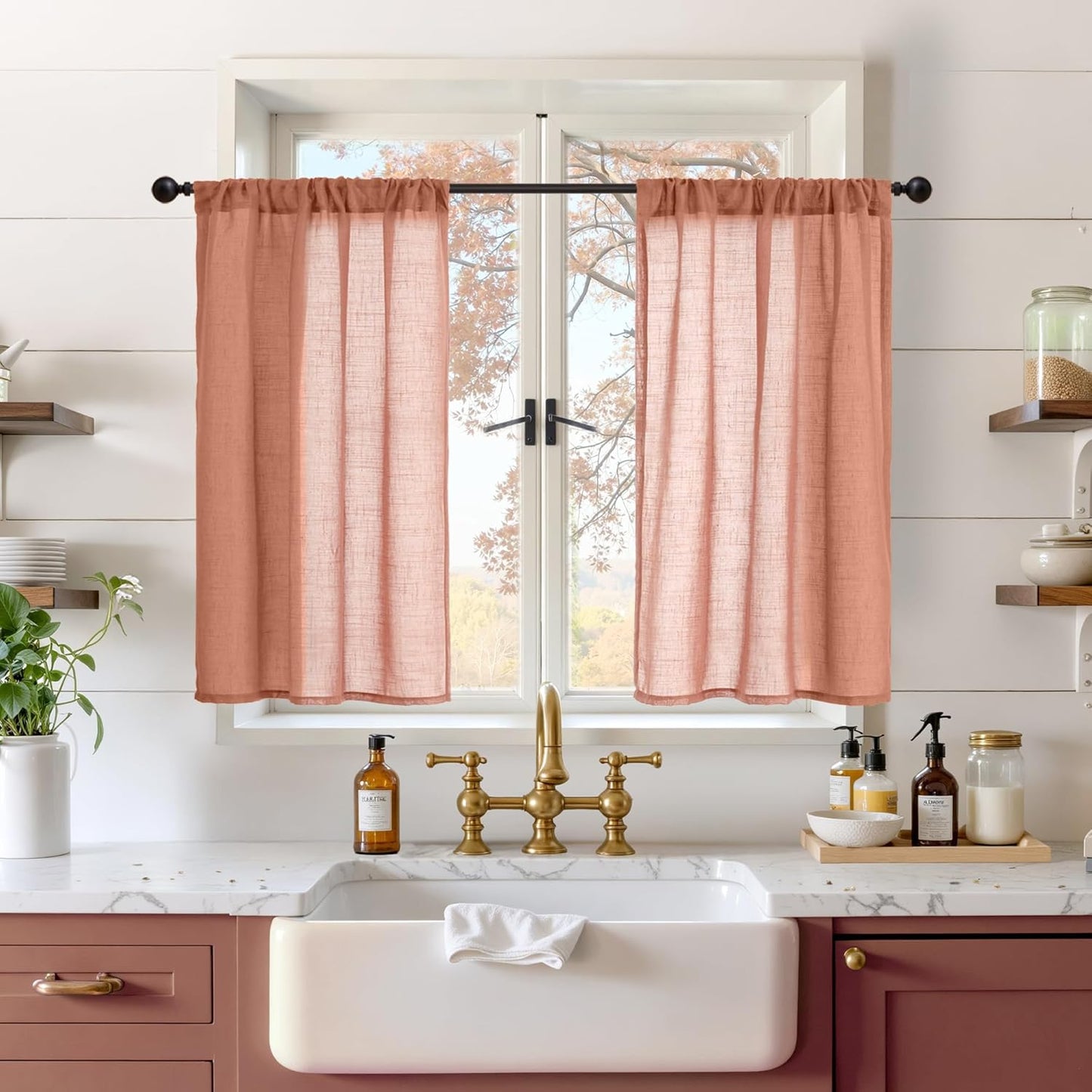 BGment Terracotta Fall Kitchen Curtains 36 Inch Length, Linen Semi Sheer Window Textured Drapes for Cafe Over Sink Boho Rustic Decor Rod Pocket Lightweight Burnt Orange, 2 Panels, Each 30 Inch Wide