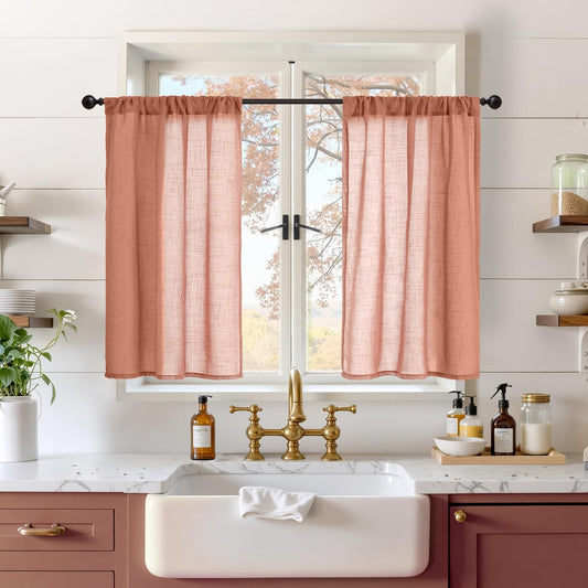 BGment Terracotta Fall Kitchen Curtains 36 Inch Length, Linen Semi Sheer Window Textured Drapes for Cafe Over Sink Boho Rustic Decor Rod Pocket Lightweight Burnt Orange, 2 Panels, Each 30 Inch Wide