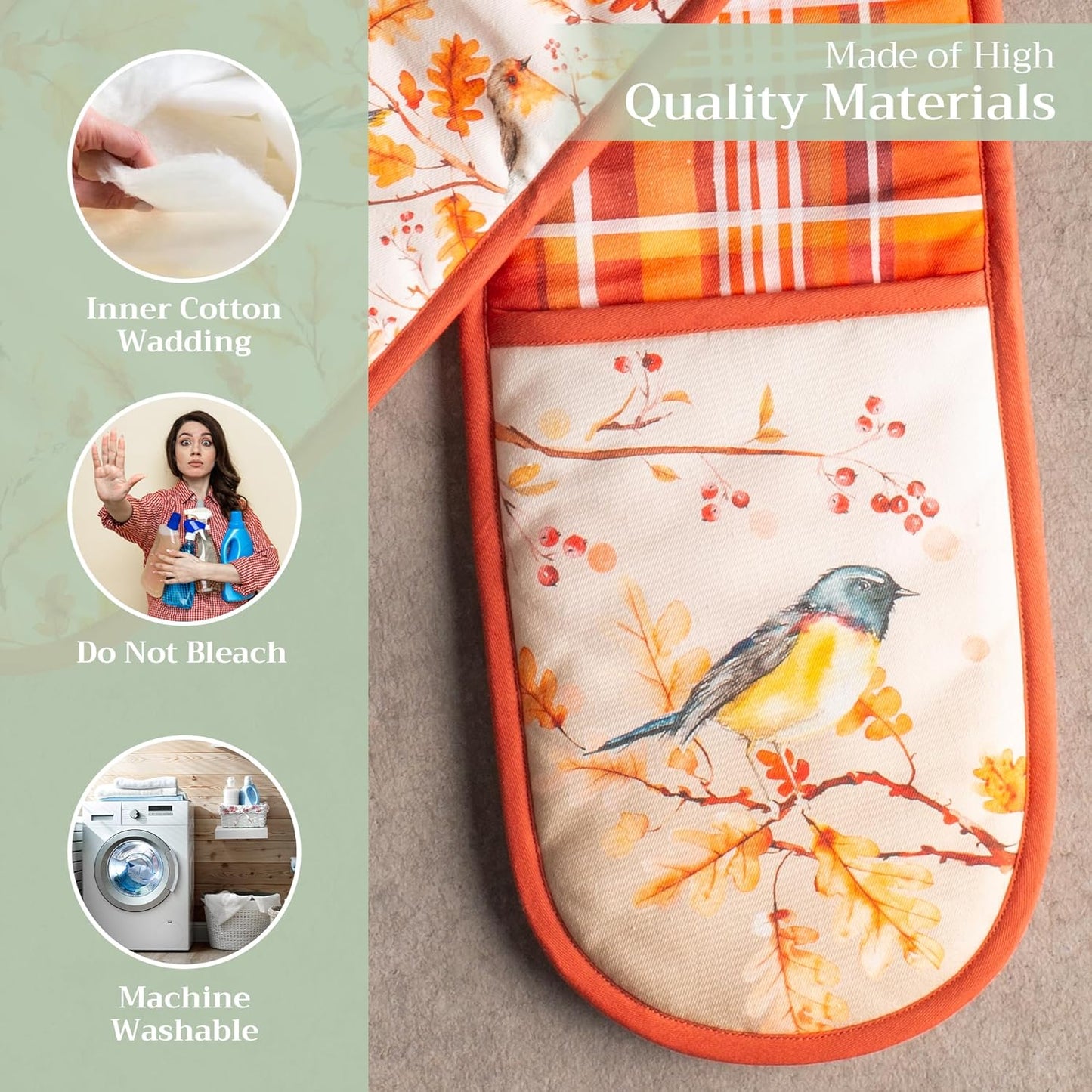 Maison d' Hermine Double Oven Mitt (7" x 35") 100% Cotton Heat Resistant BBQ Cooking Gloves with Loop for Thanksgiving Christmas Decorations Baking Cooking Barbeque Handling Hot Pan (Oak Leaves)