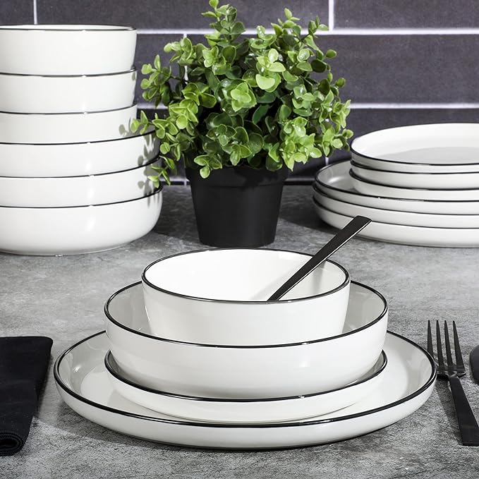 Gibson Home Oslo 16 Piece Porcelain Dinnerware Set,White w/Black Rim Rim, Service for 4 (16pcs)