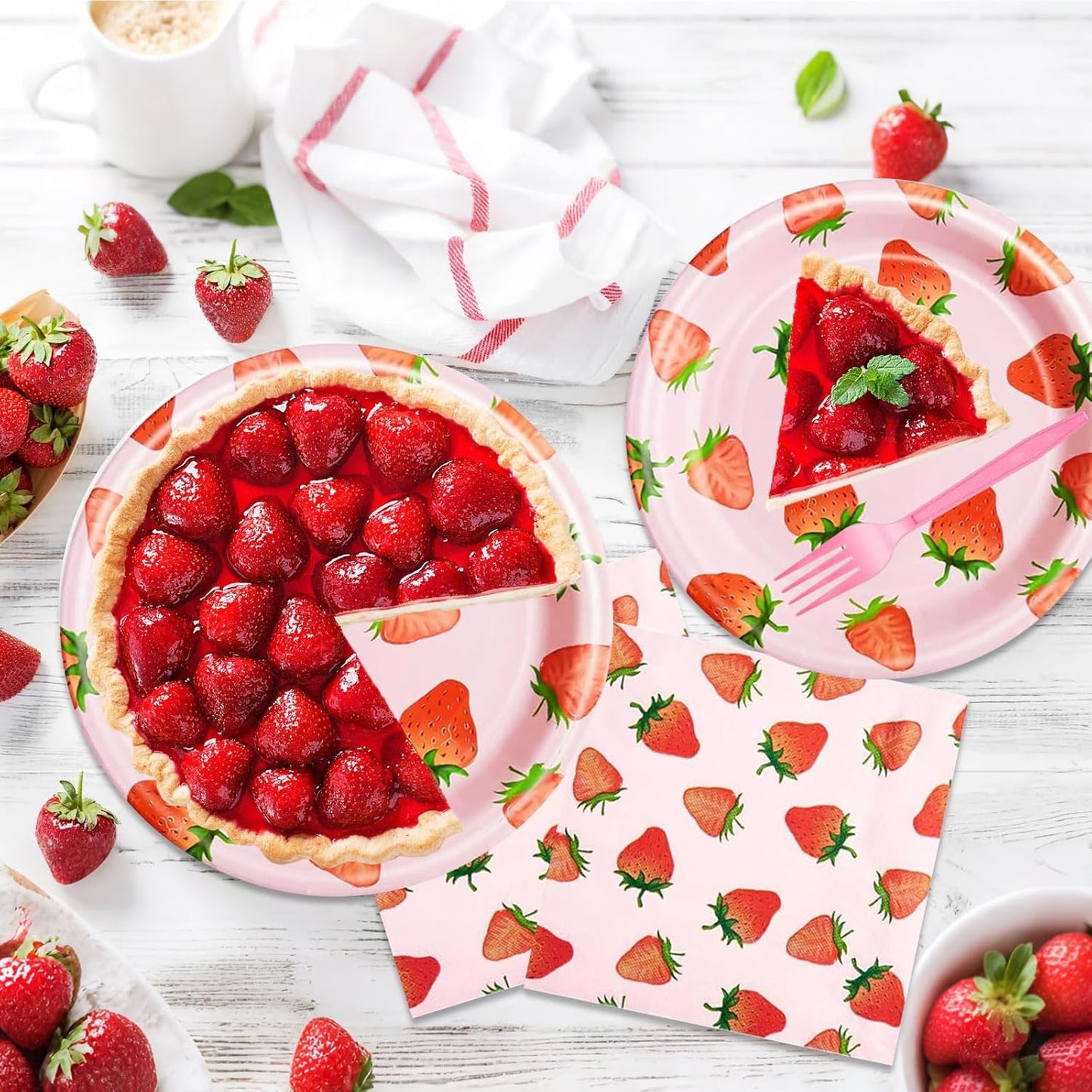 DTDO 96 Pcs Strawberry Tableware Set Disposable Paper Plates Napkins and Forks Fruit Party Decoration Strawberry Themed Birthday Dinnerware for Girls Birthday Decorations, Serves 24