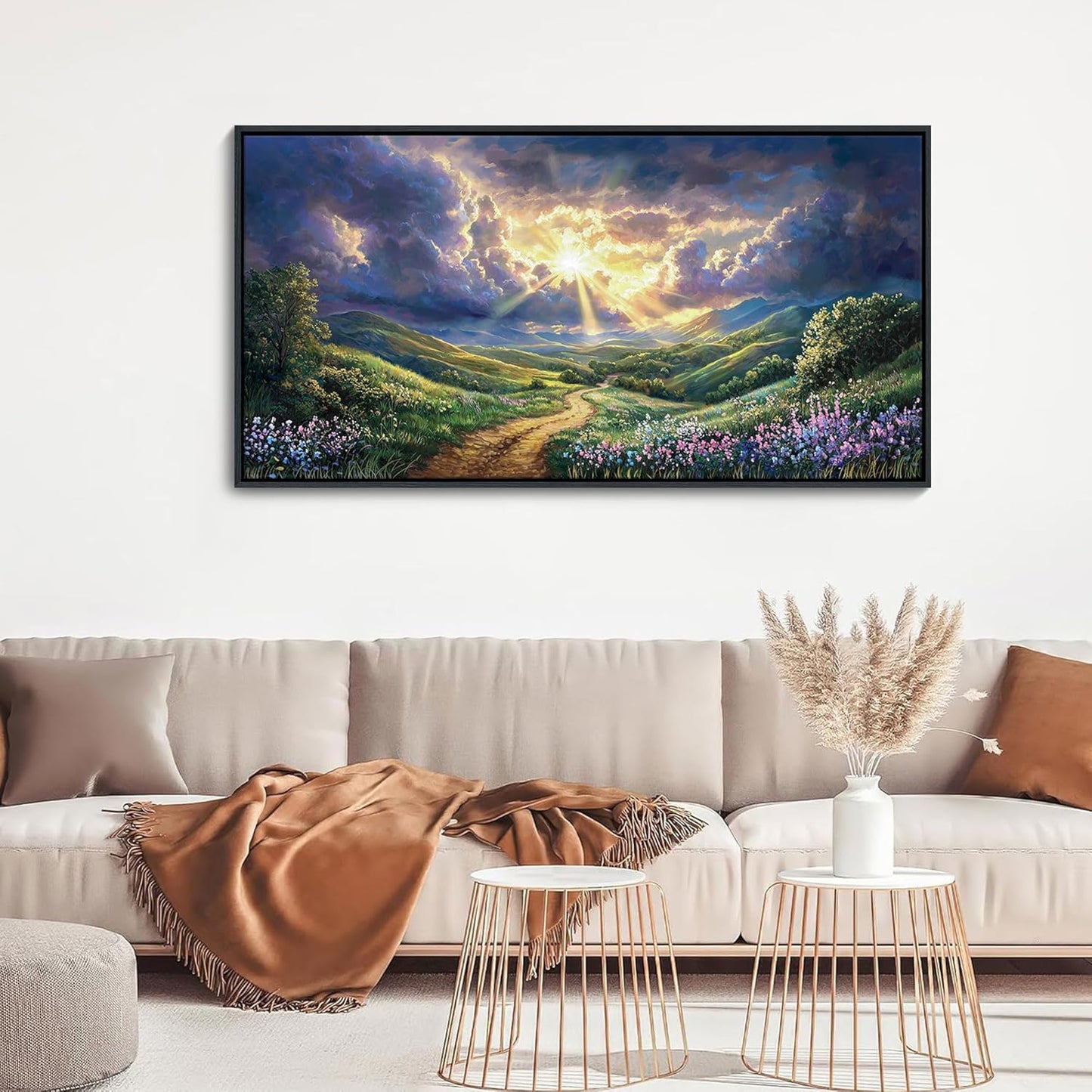 HKDGOKA Large Bedroom Wall Art, Purple Green Landscape Paintings Sun Clouds Mountains Flowers Canvas Pictures Framed Artwork for Living Room Office Kitchen Home Wall Decor 24x48 IN