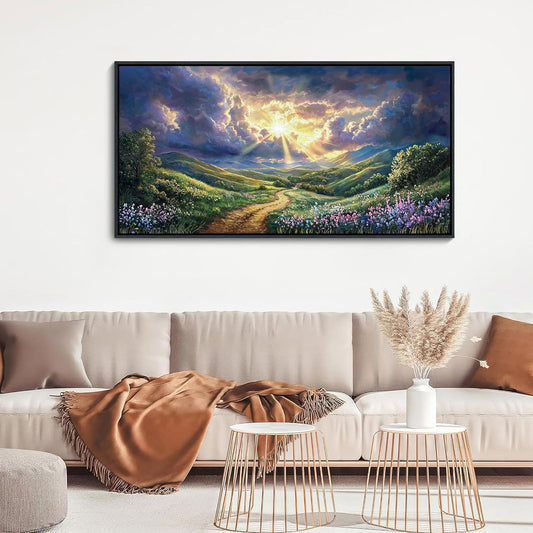 HKDGOKA Large Bedroom Wall Art, Purple Green Landscape Paintings Sun Clouds Mountains Flowers Canvas Pictures Framed Artwork for Living Room Office Kitchen Home Wall Decor 24x48 IN