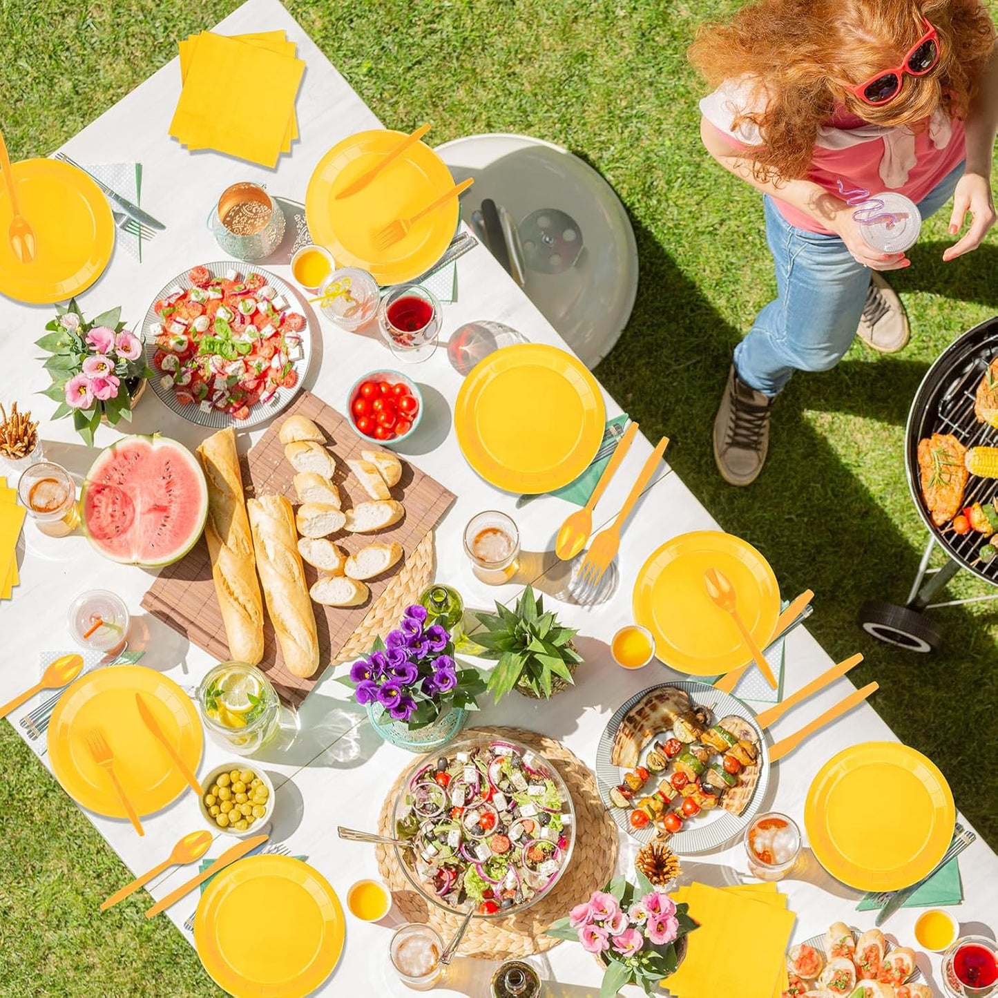TWOWYHI 228PCS Yellow Party Supplies Set Include Paper Plates Cups Paper Napkins Plastic Spoons Forks Knives for 30 Guests Disposable Party Dinnerware for Birthday Wedding Family Picnic