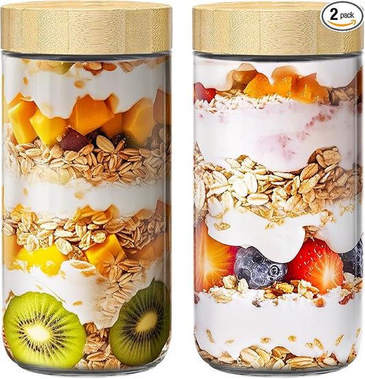 2 pack 24oz Overnight Oats Containers with Bamboo Lids, Glass Jars with Airtight Lids for Meal Prep, Wide Mouth Mason Salad Jars, Glass Food Storage Container for Yogurt Chia Snacks Spice Sugar