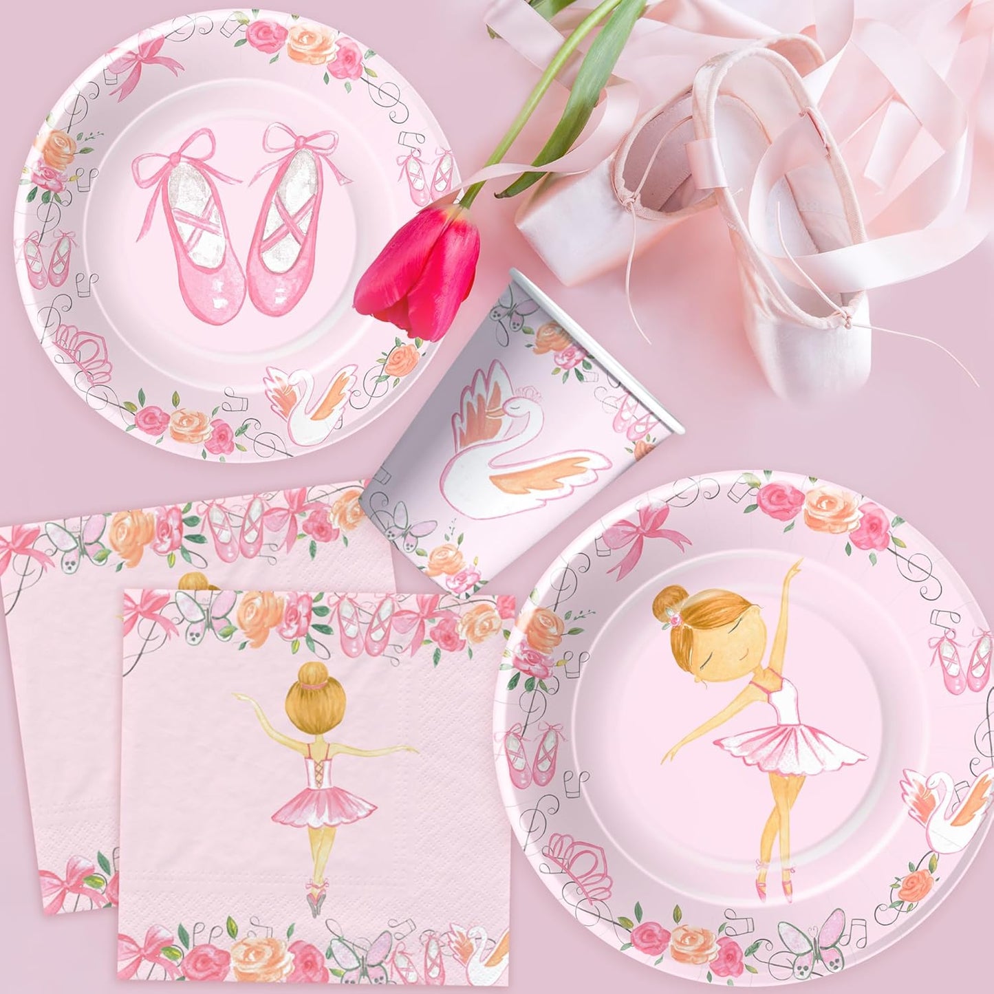 Xigejob Ballerina Birthday Party Decorations Dinnerware, Ballerina Theme Dancing Girl Ballet Party Supplies Tableware, Paper Plate, Napkin, Tablecloth, Disposable Fork, Serves 24