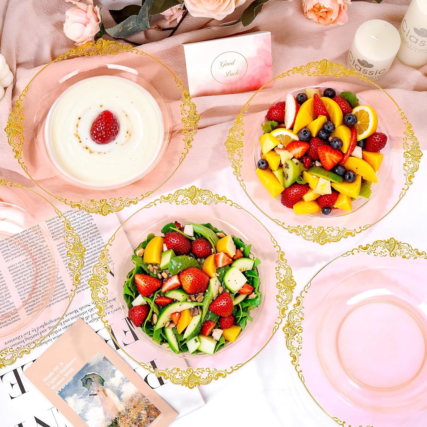 100PCS Clear Pink Plastic Bowls - 12 oz Pink Gold Disposable Salad Bowls - Heavy Duty Disposable Soup Bowl - Fancy Plastic Ice Cream Bowl for Weddings Parties Dinners Picnics