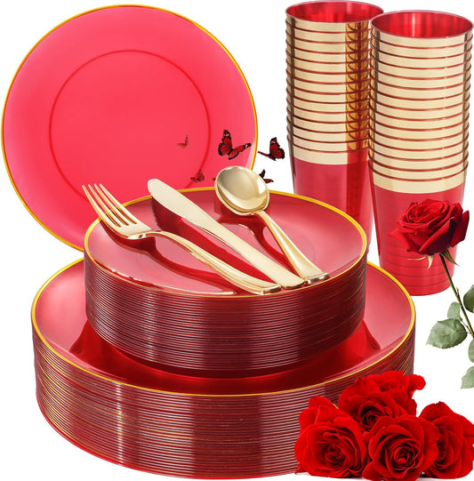 LIYH 180 Pcs Clear Red Plastic Plates Disposable - Red Dinnerware Set, Include Red and Gold Plates, Dinner Plate, Dessert Plate, Gold Plastic Silverware for Birthday Party