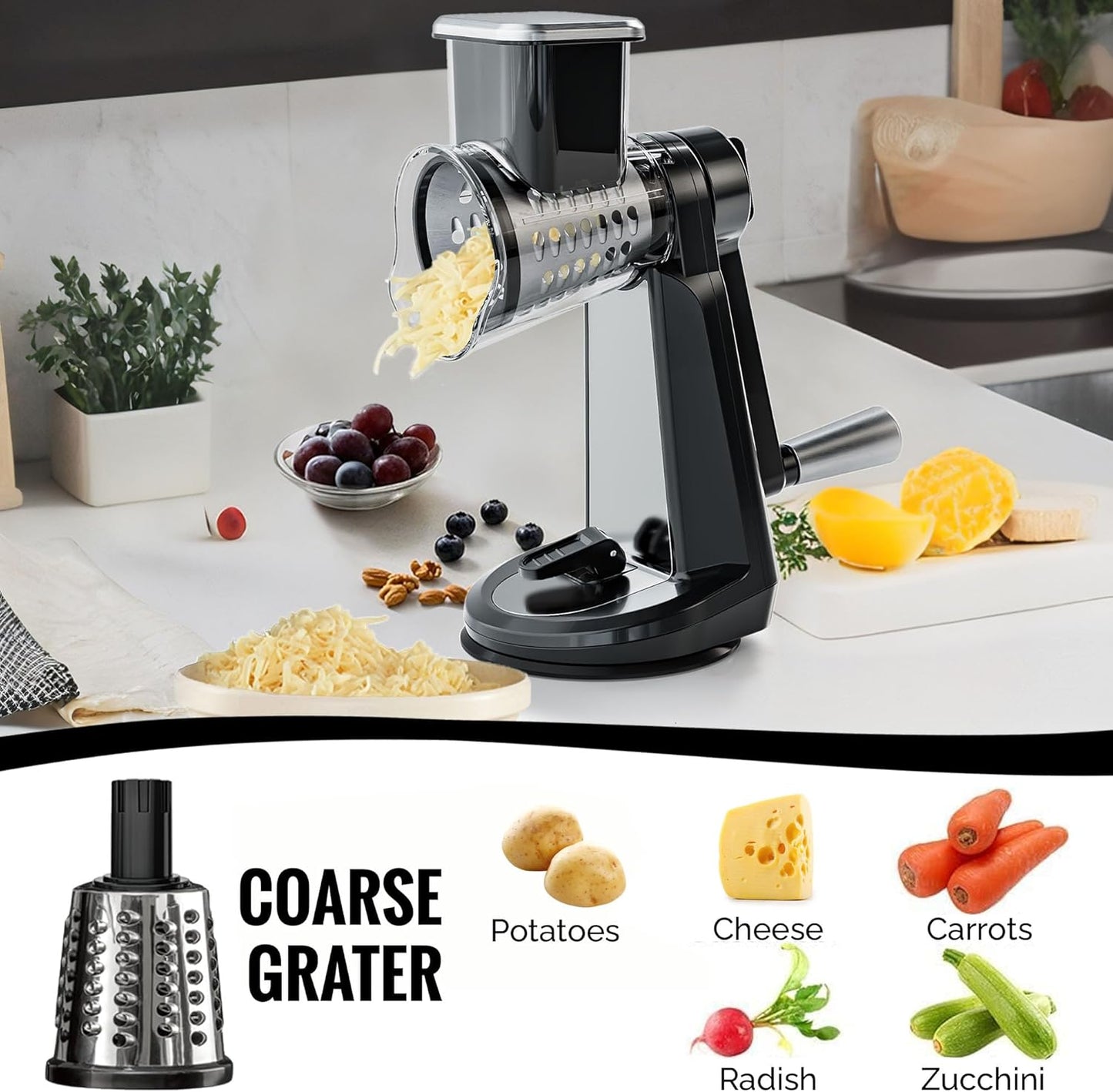 Joined Stainless Steel Rotary Cheese Grater with Elevated Stand and 5 Qt Mixing Bowl - Mandoline Slicer with 3 Stainless Steel Drum Blades-Cheese Shredder Round Mandoline & Food Chopper with Peeler