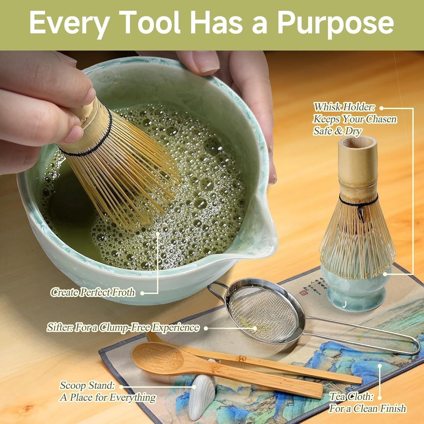 Matcha Whisk Set with Ceramic Bowl - Bamboo Whisk (Chasen), Scoop, Sifter & Holder - Complete Kit for Traditional Matcha Tea - Unique Gifts for Women, Men, Tea Lovers (Matcha Crystal)