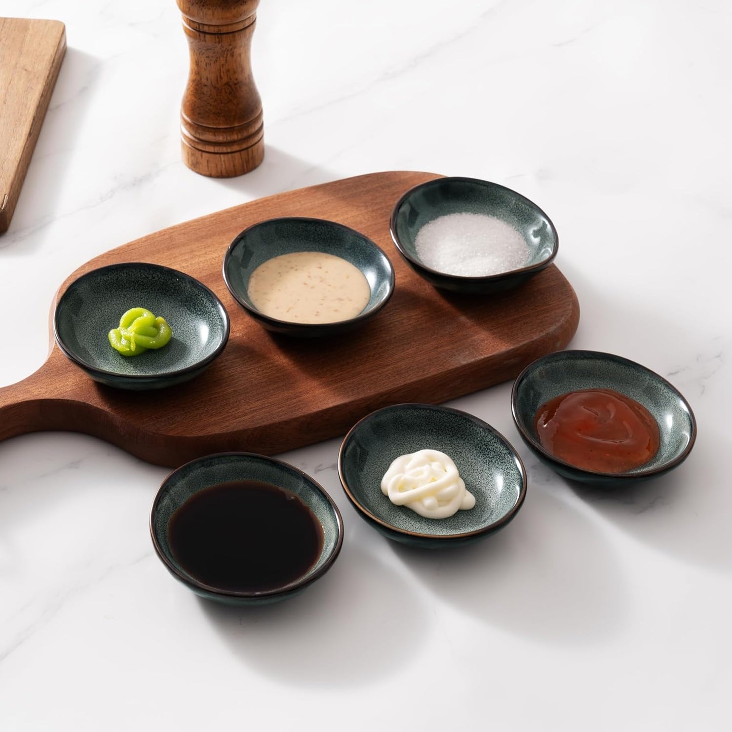 famiware Ocean Soy Sauce Dishes of 6, Oval Dipping Sauce Cups/Bowls/Dishes for Kitchen, 2.1oz Ceramic Small Bowls for Side Dish, Appetizers, Snacks, and Sushi, Reactive Glaze, Deep Forest
