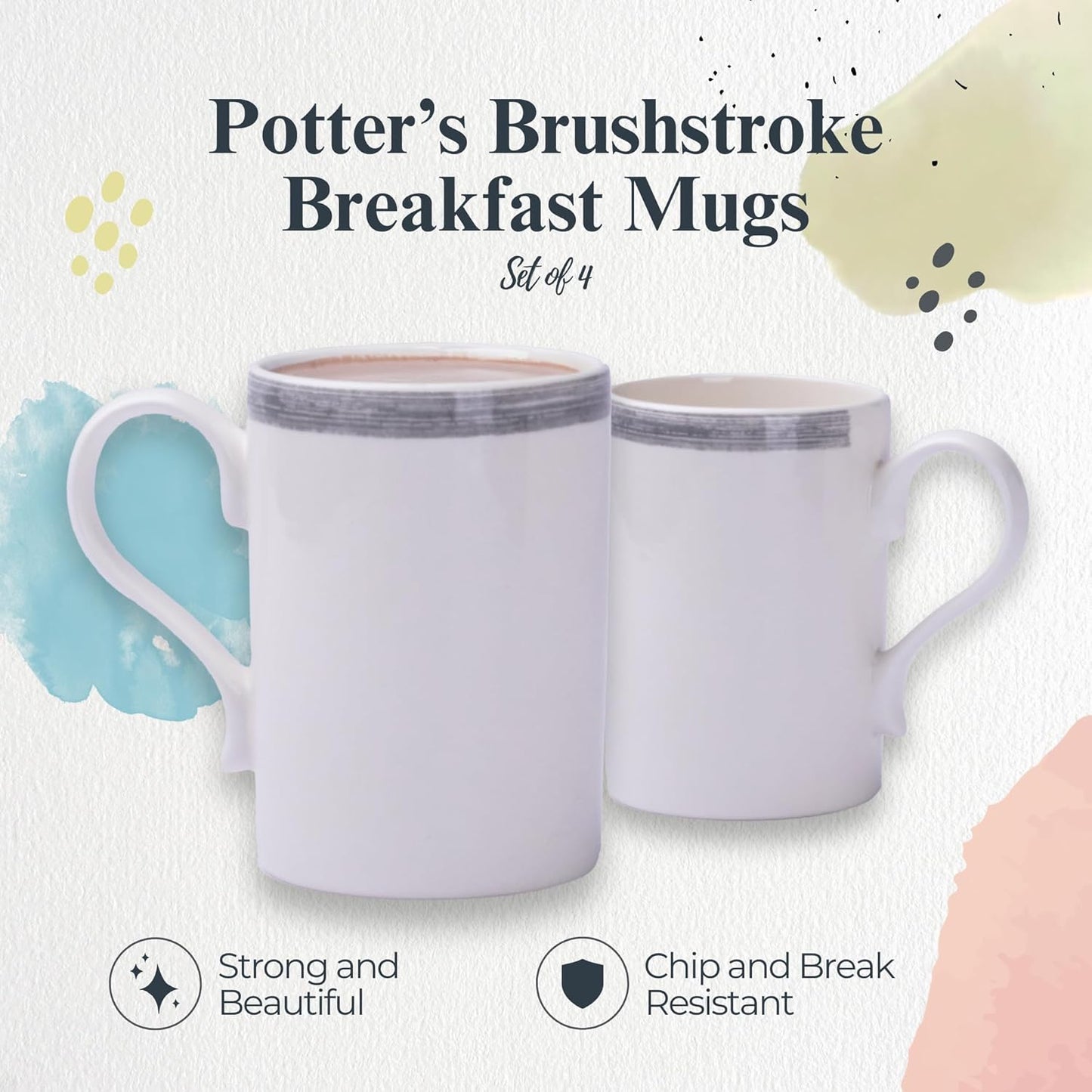 Portmeirion Potter's Brushstroke Coffee Mug (Set of 4) - 9oz White Ceramic Mugs with Grey Brushstroke Pattern - Microwave, Dishwasher, Freezer Safe Earthenware Mugs for Tea & Coffee Lovers (Grey)