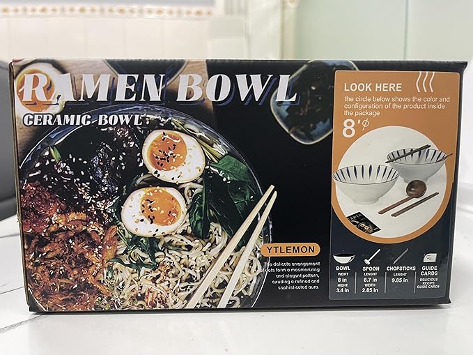 8-Inch Ceramic Ramen Bowl Set of 2 (9 Piece) - Porcelain Japanese Salad Noodles Cereal Fruit Pasta Soup Large Bowls with Recipes Chopsticks Forks Spoons for Men Women Gift Microwave & Dishwasher Safe