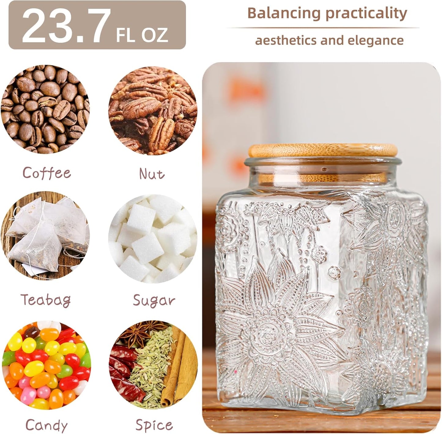 Glass Storage Jars With Airtight Lid, 23.7oz Canister For Kitchen Counter with Bamboo Lid, brown sugar, candy, coffee, cookie, salt, tea,pantry cute Jar (Square Sunflower)