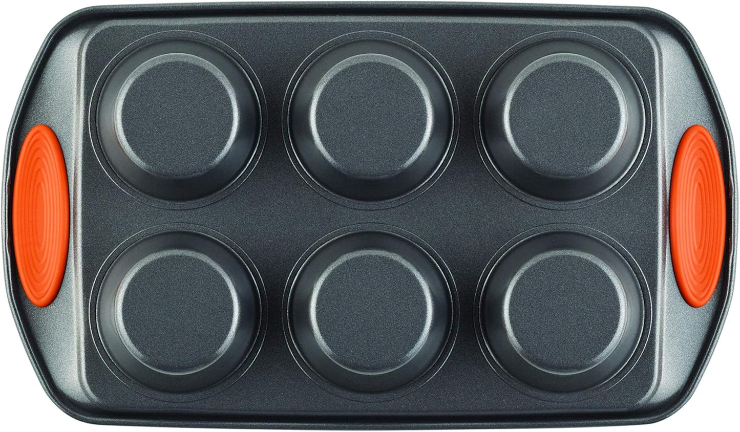 Rachael Ray Yum-o! Nonstick Bakeware Oven Lovin’ Cups Muffin Pan, 6-Cup, Gray with Orange Handles