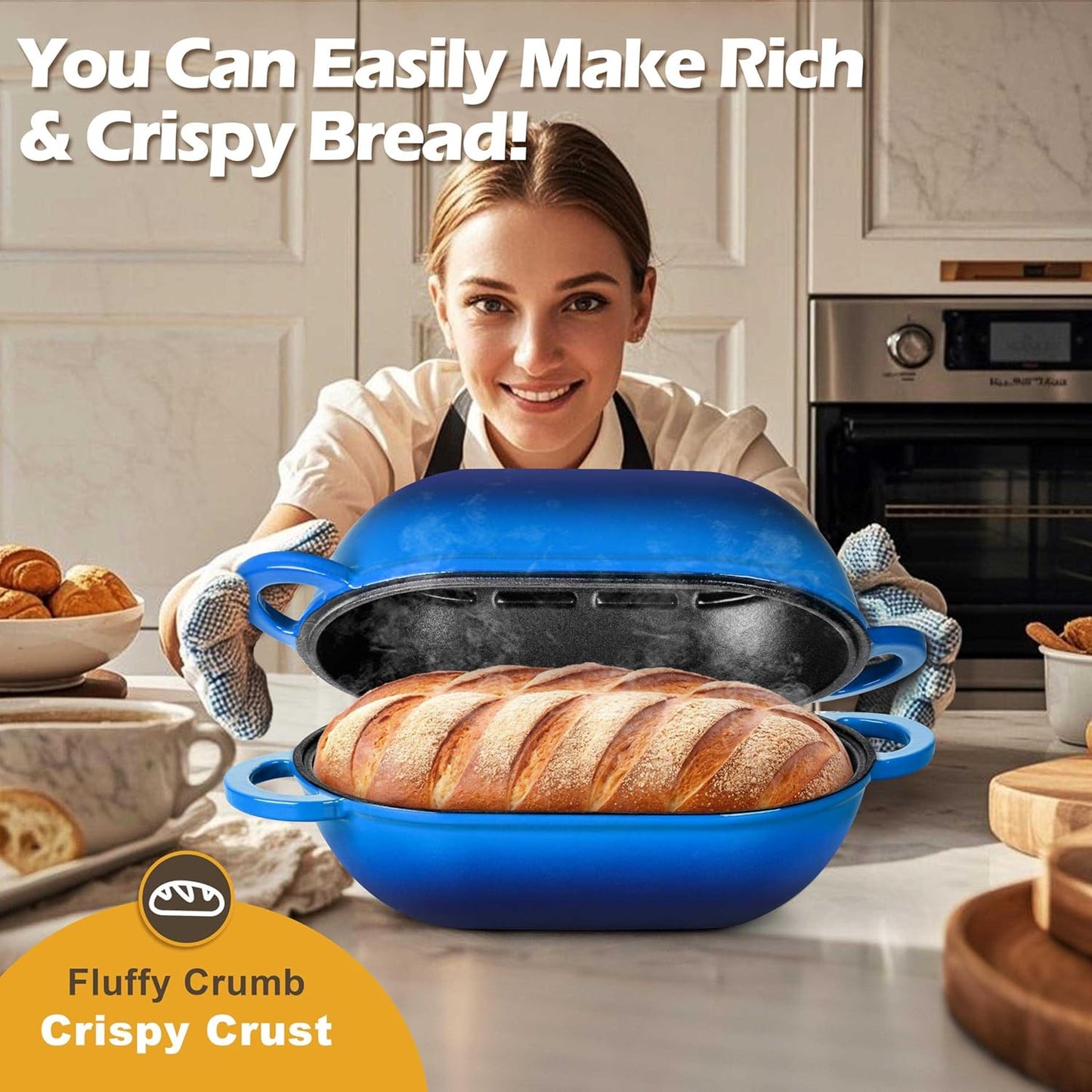 Homikit Enameled Cast Iron Dutch Oven for Bread Baking, 2.8 QT Oval Bread Oven Pot with Lid, Sourdough Loaf Iron Dutch Oven Pan for Roasting Cooking, Blue & Heavy Duty