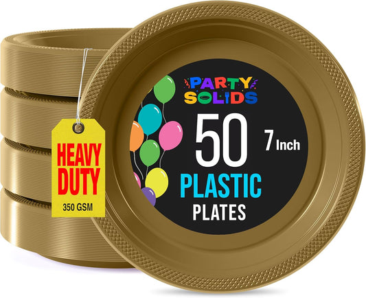 Exquisite Party Solids Gold Plastic Plates For Party Supplies 7" Gold Disposable Plates Heavy Duty 50 Pcs Plastic Dinnerware Sets Heavy Duty 350 GSM Disposable Dinnerware Set