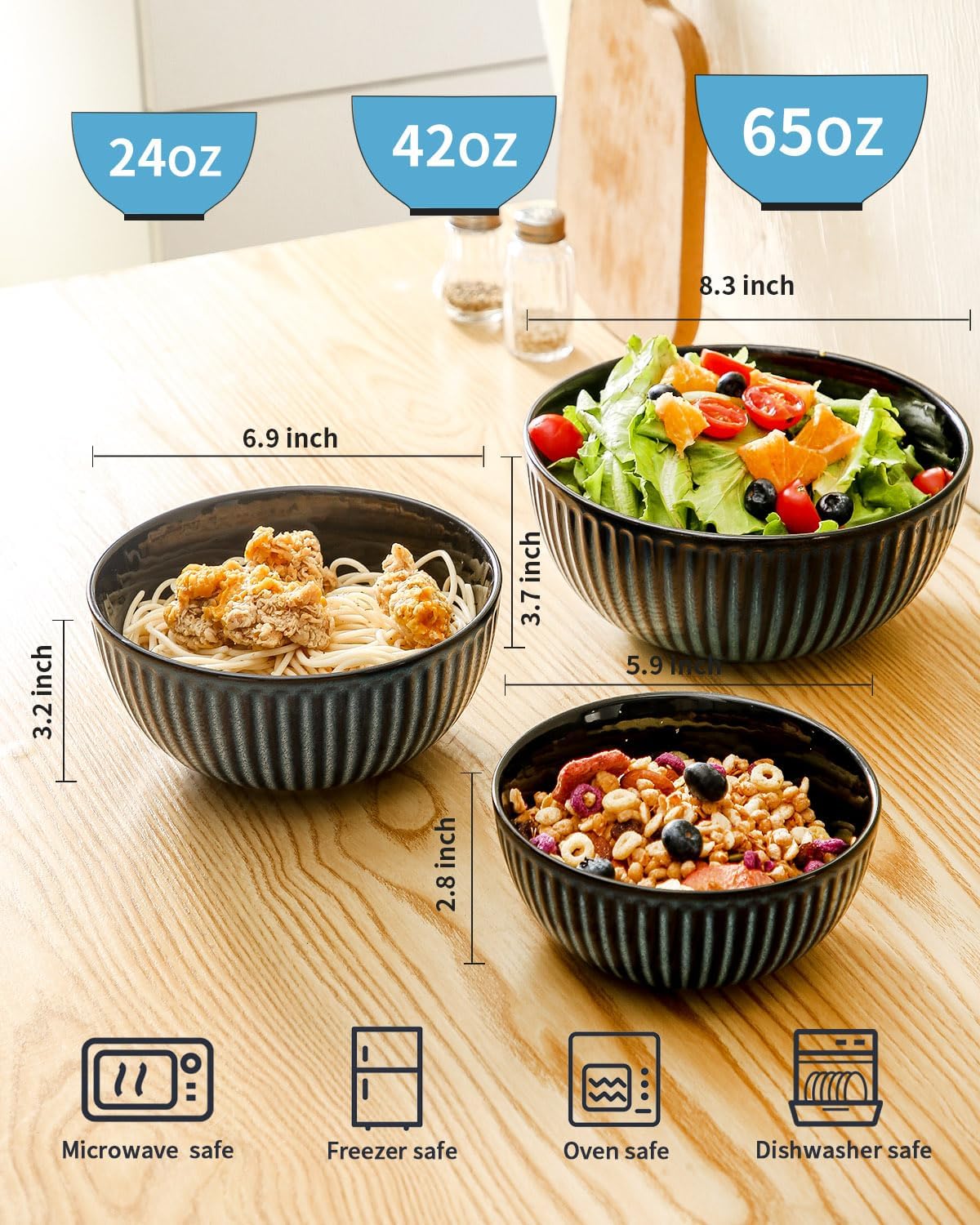 Hasense Mixing Bowls, Large Ceramic Nesting Mixing Bowls Set of 3, Serving Bowls Ideal for Baking, Prepping and Cooking Food, Nesting Salad Bowls for Space Saving Storage, 1.5/1/0.5 Qt - Navy