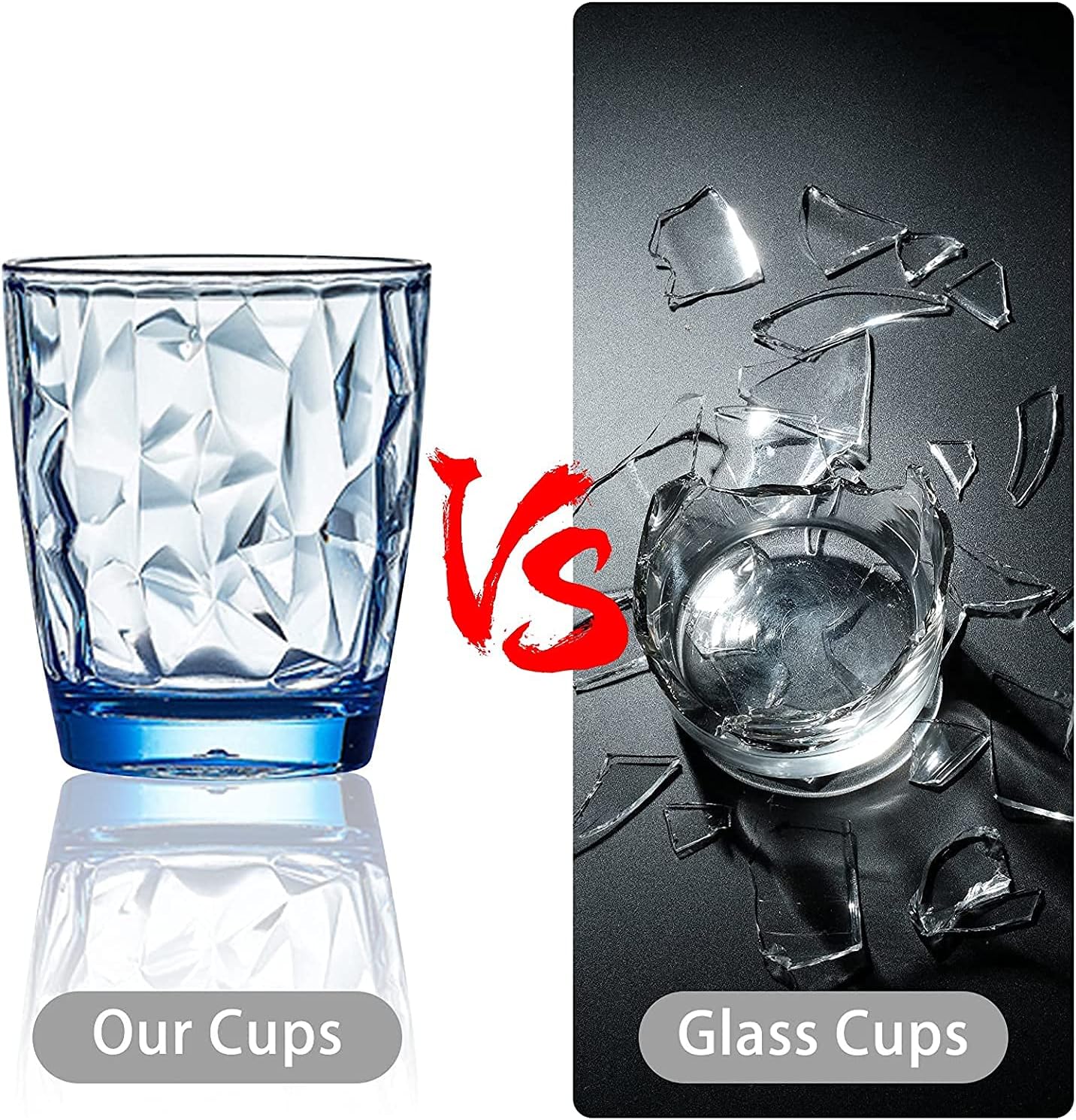 Topsky 10 oz Plastic Water Tumblers | Set of 4 Transparent Unbreakable Drinking Glasses Clear Acrylic Reusable Juice Wine Cups for Home Picnic Party, Dishwasher Safe, Stackable (Blue)