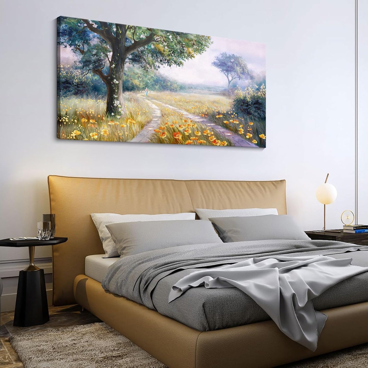 CHATYOUNG Large Landscape Wall Art, Spring Decor Rustic Wildflowers Way Home Wall Pictures, Farmhouse Meadow Painting Wall Art Prints For Living Room Bedroom Bathroom Kitchen Home Decor 29"X58"