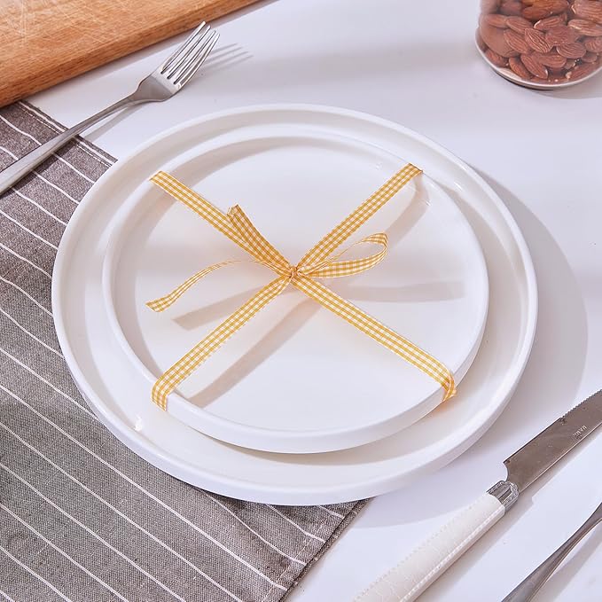 AntoKueh White Ceramic Flat Dinner Plates Set of 6, 10.3 Inch High Edge Porcelain Plates, Large Dish Set for Pizza, Steak, Dishwasher/Microwave safe