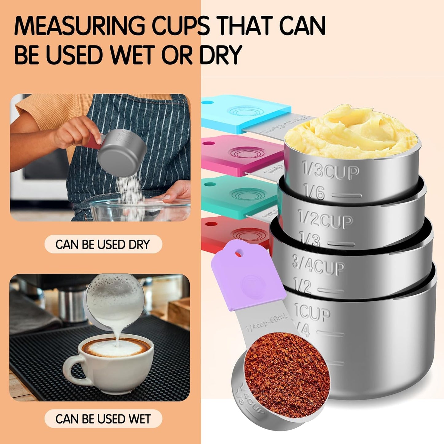Magnetic Measuring Cups, 5 Stainless Steel Nesting Measuring Cup Set for Measuring Dry or Liquid Ingredients