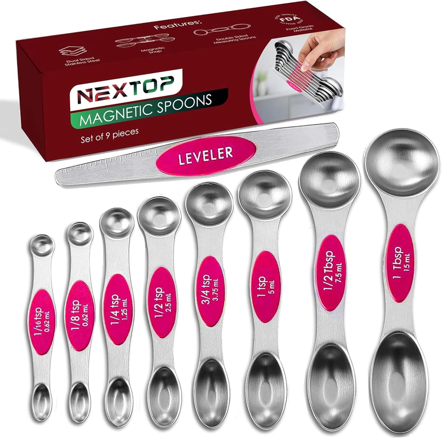 Magnetic Measuring Spoons Set of 9 Stainless Steel Dual-Sided Stackable Measuring Spoon Nesting Teaspoons Measuring Dry and Liquid Ingredients, Fits in Spice Jars Set of 9 (Pink)