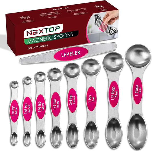 Magnetic Measuring Spoons Set of 9 Stainless Steel Dual-Sided Stackable Measuring Spoon Nesting Teaspoons Measuring Dry and Liquid Ingredients, Fits in Spice Jars Set of 9 (Pink)