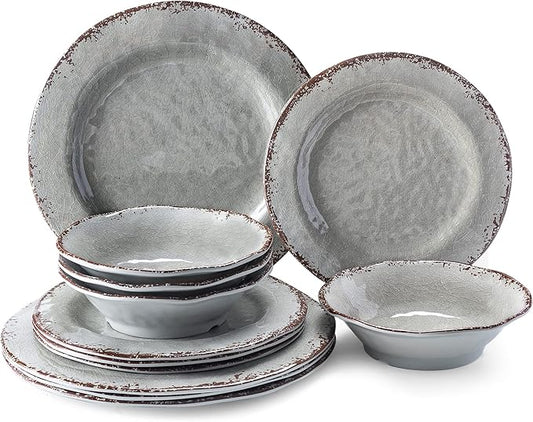 LEHAHA Farmhouse Melamine Dishes Dinnerware Set, 12 Piece Rustic Plates and Bowls Great for Picnic, Camping, Service for 4, Reusable and Dishwasher Safe, Indoor and Outdoor Use