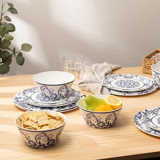 Bzyoo 12-Piece Melamine Dinnerware Set - Indigo Floral | Lightweight, Durable, BPA-Free | Dishwasher Safe Dish Set for Indoor & Outdoor Use - Perfect for Camping, BBQs, Kids Parties