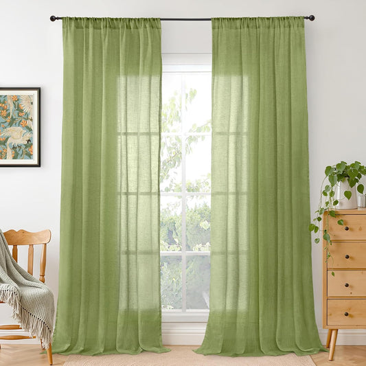 BGment 84 Inch Length Olive Green Linen Curtains for Living Room - Light Filtering Window Drapes Rod Pocket Natural Textured for Bedroom Country Lightweight Rustic Decor, 2 Panels Set, 52 X 84 Inch