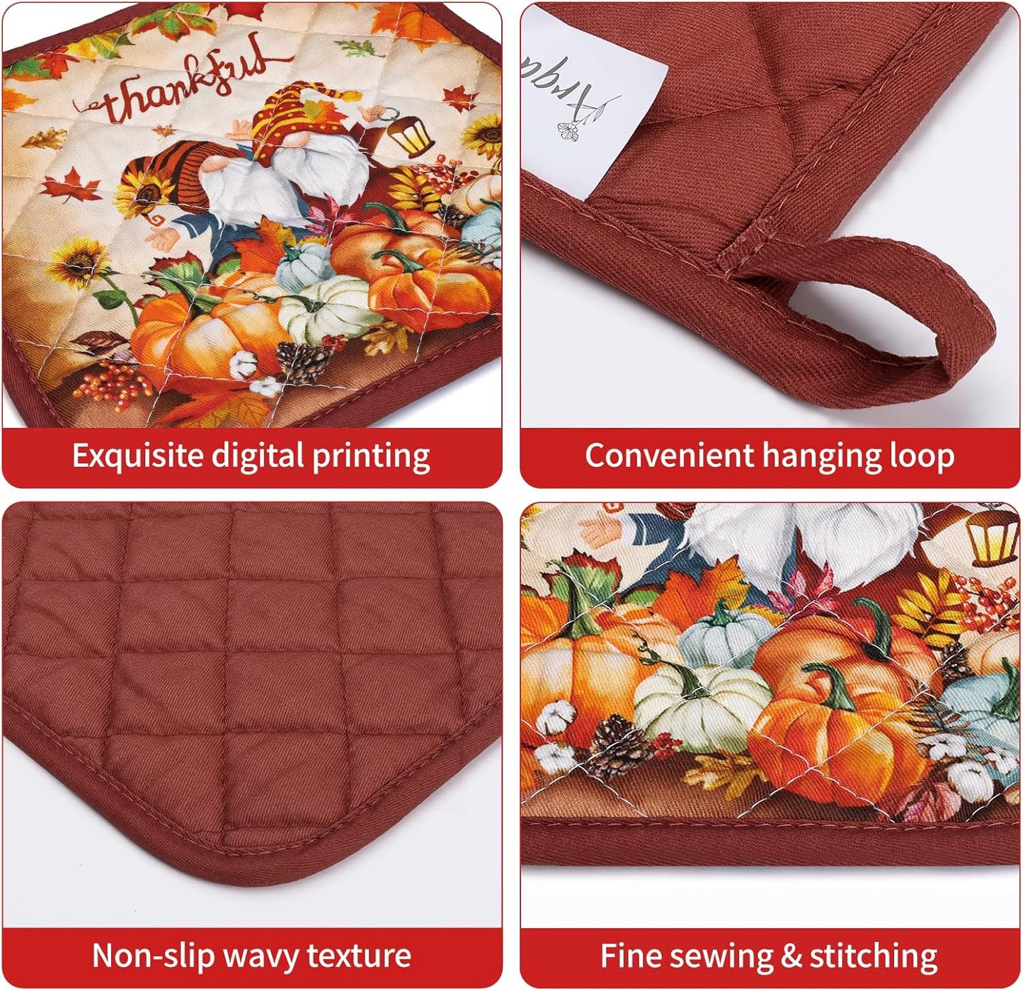 Thanksgiving Fall Gnome Oven Mitts and Pot Holders Sets 2Pcs, 100% Cotton Pumpkin Heat Resistant Extra Long Oven Gloves Potholder for Kitchen Cooking Baking Decoration