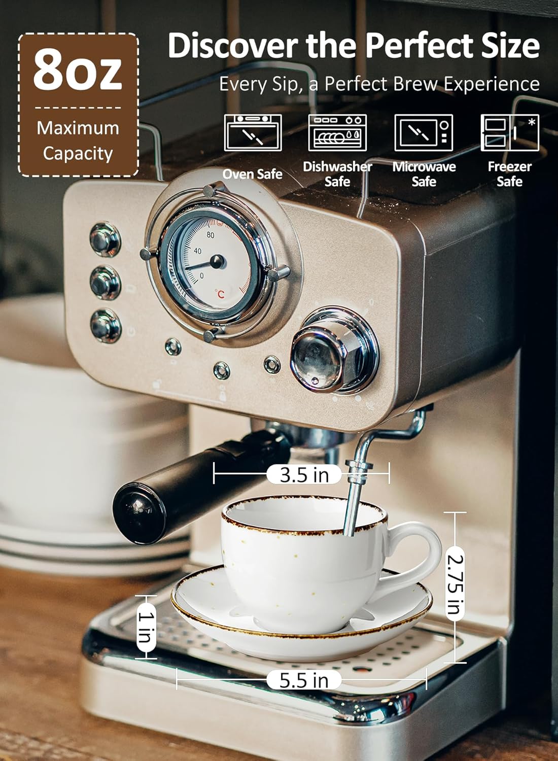 Yedio 8oz Cappuccino Cups and Saucer, Porcelain Coffee Mugs, Latte Cups Set for Cappuccino, Espresso, Americano, Latte, Tea, Mocha, Microwave Dishwasher Safe, Set of 4, White