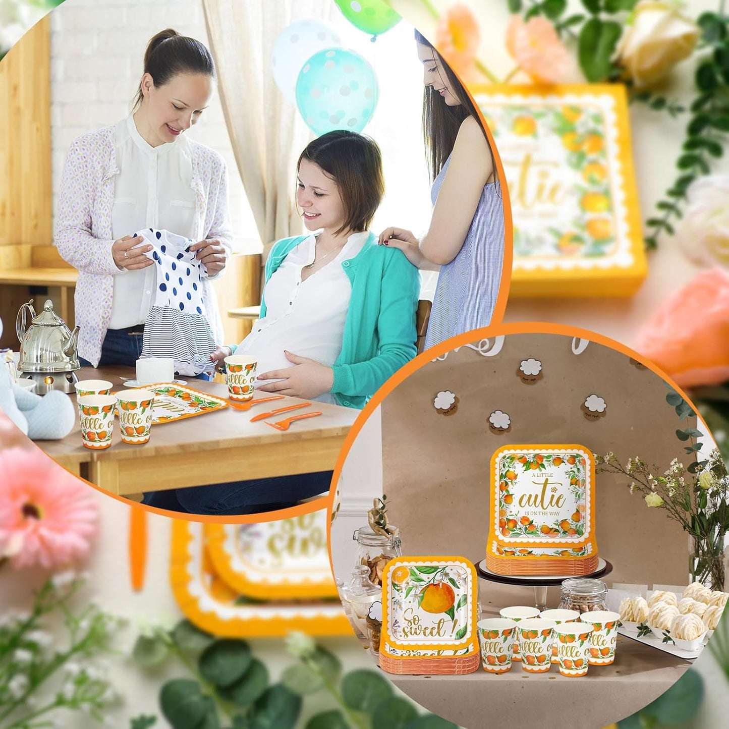 350 Pcs Paper Plates and Napkins Set Disposable Dinnerware Party Supplies Tableware Serve 50 Guest Cups Knife Forks Spoon(Orange,Little Cutie)