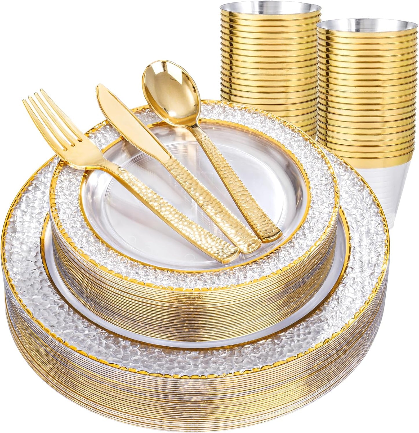 Nervure 150Pcs Clear Plastic Plates with Gold Hammered Silverware include 25Dinner Plate, 25Dessert Plate, 25Knives, 25Forks, 25Spoons and 25Cups for Wedding & Parties & Thanksgiving