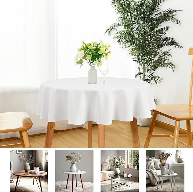 JIUZHEN Round Textured Table Cloth Linen Wrinkle Free Stain Resistant Farmhouse Decorative Circular Tablecloth for Kitchen, Dining, Party, Wedding, Outdoor Use (45 Inch Round,White)