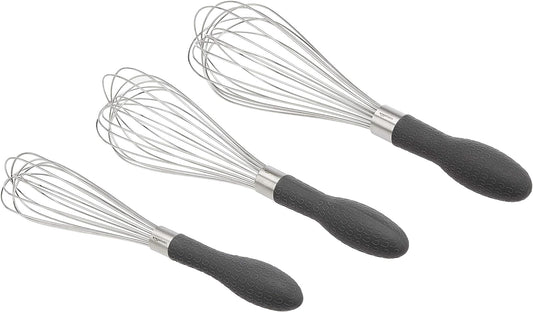 Amazon Basics Stainless Steel Wire Whisk Set for Cooking, Dishwasher Safe, 3 Piece, Black/Silver