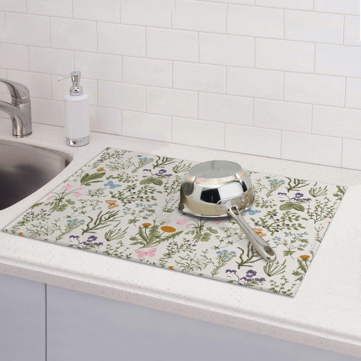 Vintage Floral Spring Summer Dish Drying Mat for Kitchen Counter, Herbs and Wild Flowers Drying Pad 18x24 Inch Absorbent Reversible Cute Botanic Dish Drainer Rack Mats