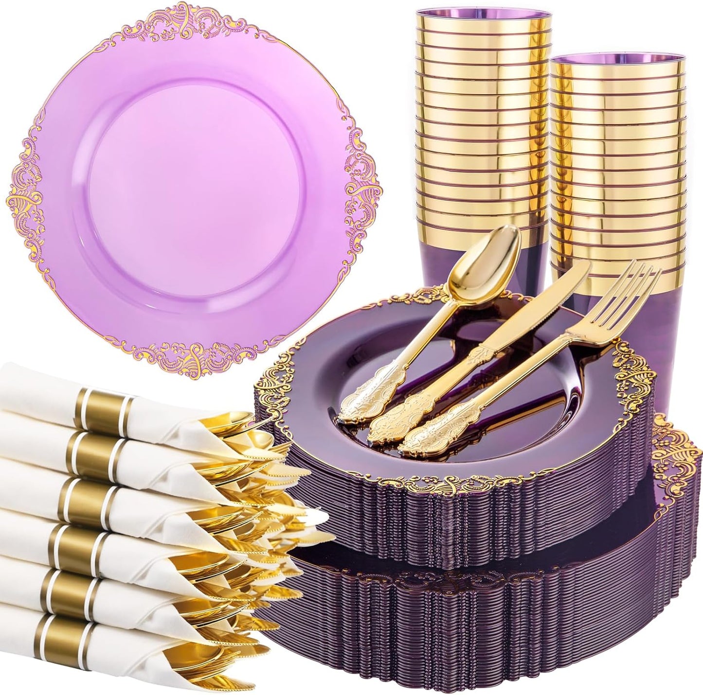 Hioasis 210pcs Purple and Gold Plastic Plates - Elegant Disposable Dinnerware Set Suitable for 30 Guests Include 10.25 Dinner & 7.5 Dessert Plates, Pre Rolled Silverware Set, Cups for Party & Wedding