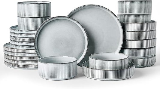 Famiware Star Dinnerware Set with Pasta Bowls, Service for 6 (24 Pieces), Ribbed Stoneware Plates and Double Bowls Sets - Chip & Scratch Resistant, Microwave & Dishwasher Safe Dishes, Smoky Blue