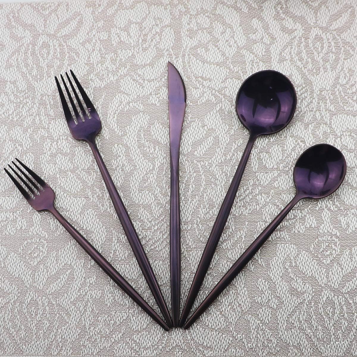 Gugrida Portable Silverware Set - 5-Piece Flatware Cutlery Set - 18/10 Stainless Steel - Mirror Polishing Purple - Travel Elegant Modern Utensils - Service for 1 Include Steak Knife Dinner Fork Spoon