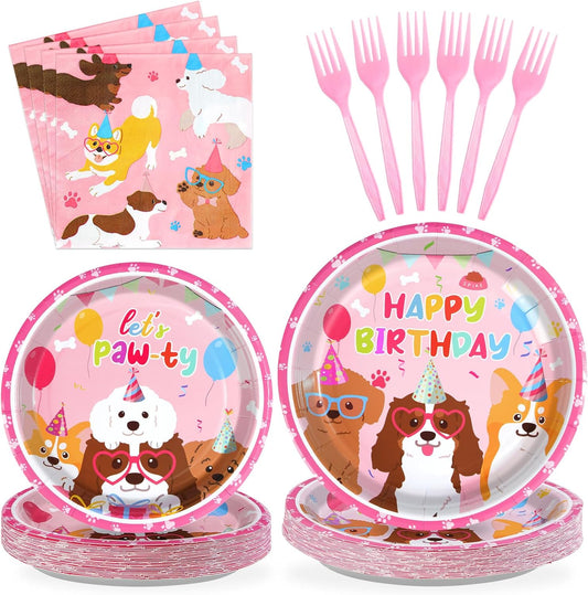Grencian 96 Pcs Dog Birthday Party Supplies Puppy Tableware Set Disposable Dog Paper Plates Napkins Forks Pink Dogs Themed Party Decorations for Lets Pawty Puppy Birthday Decorations Serves 24