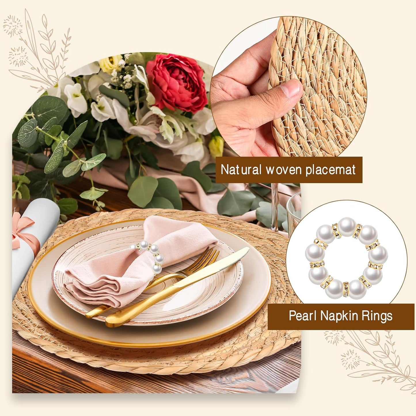 20 Pcs 13 Inch Round Woven Placemats with 20pcs Pearl Napkin Rings，Rattan Placemats Bulk Boho Woven Chargers Natural Water Hyacinth Place Mat for Wedding Party, Dinner Table