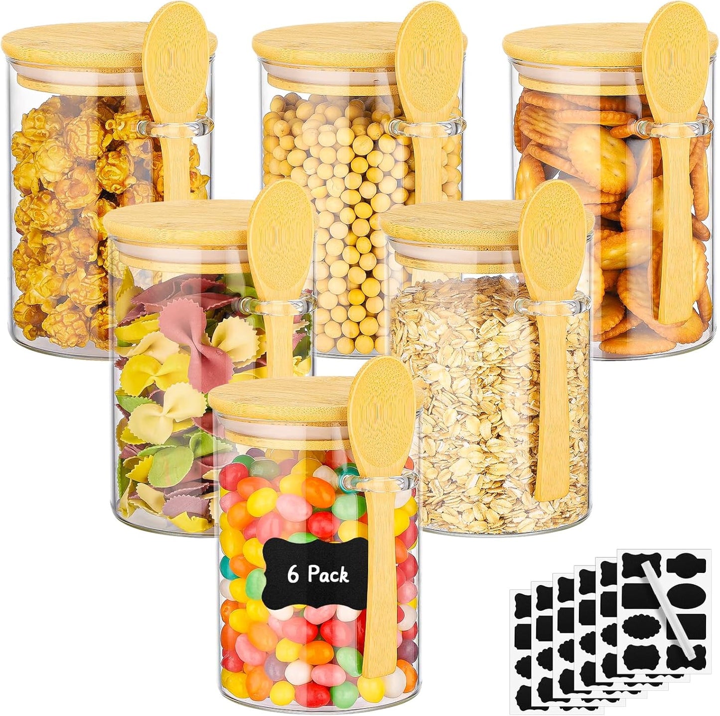 Glass Jar with Bamboo Lids and Spoon - 6 Pack 18 Fl.oz Round Food Storage Containers, Includes Labels and Marker, Airtight Tea Canister Pantry Jars for Sugar, Ground Coffee, Oats, Meal Prep